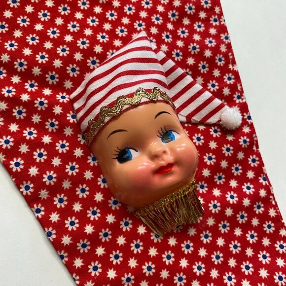 Christmas Stocking with Dolly Face Holiday Decor Xmas Vintage Handmade - Picture 3 of 5